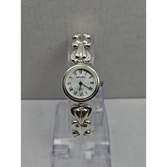 Vintage Gruen 925 Sterling Silver Heart Bracelet Quartz Watch Womens New Battery - Picture 1 of 11